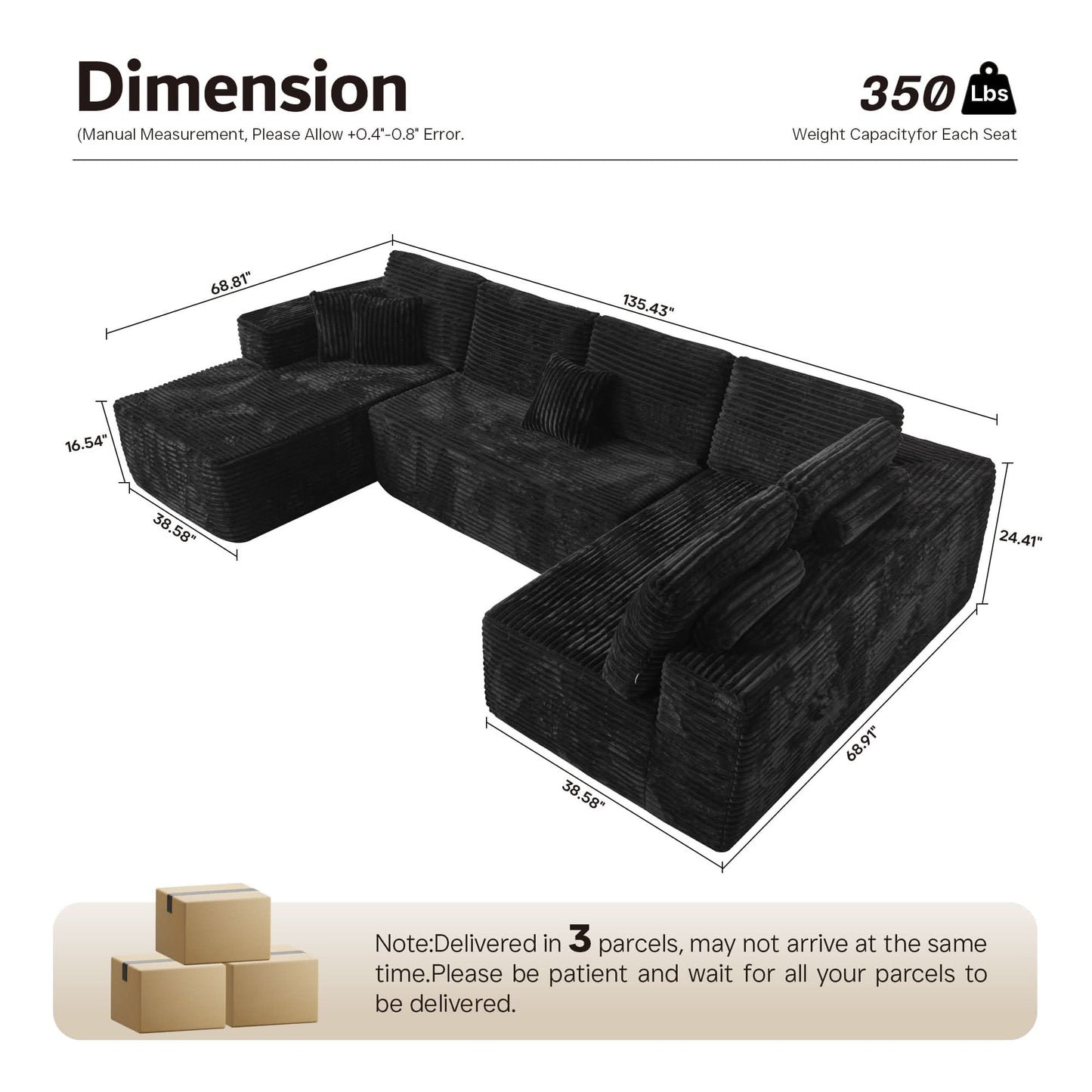 OVIOS Modular Sectional Cloud Sofa, Plush Corduroy with Memory Foam, U-Shaped Chaise, No Assembly Required