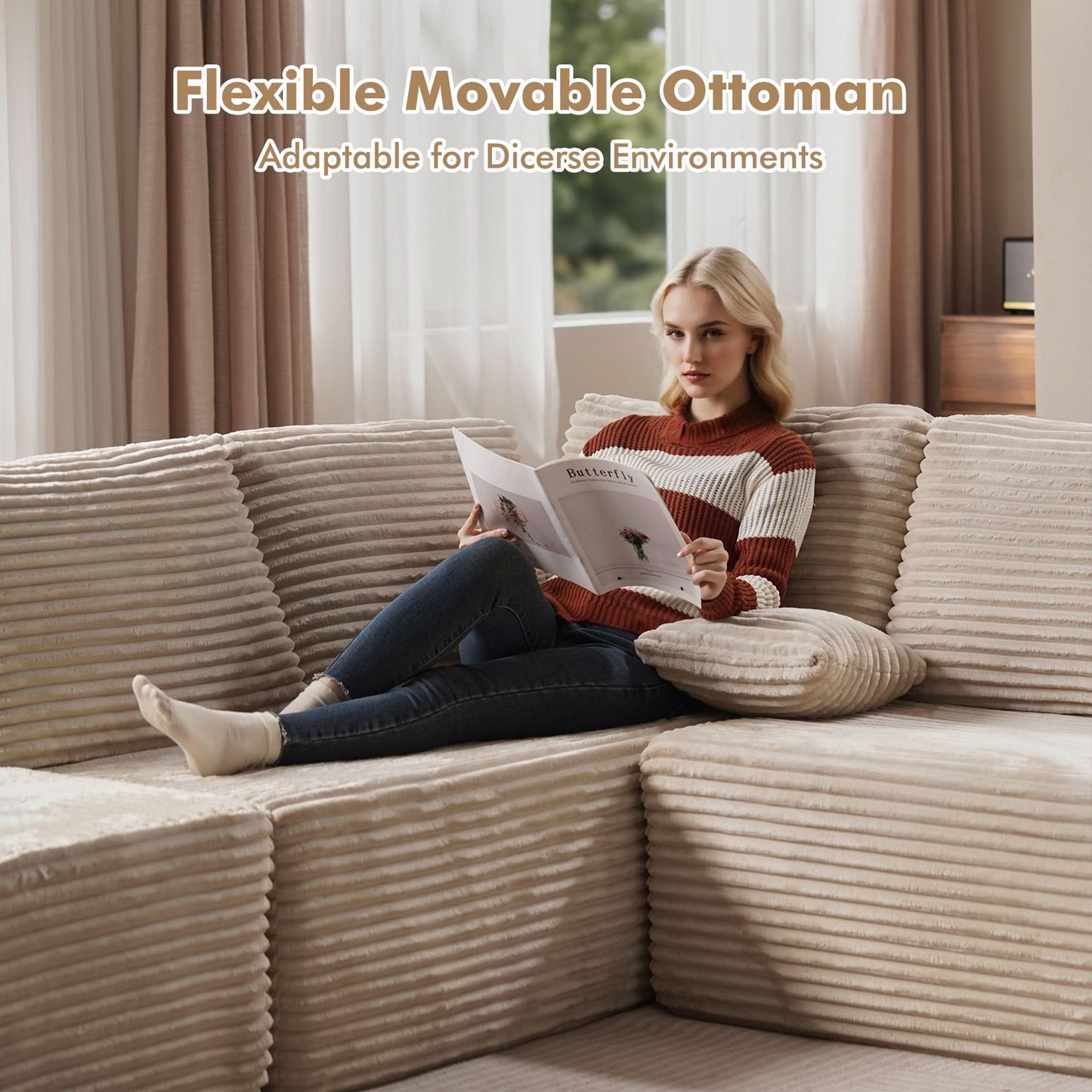OVIOS Modular Cloud Sofa with Memory Foam, U-Shaped Chaise, Corduroy Upholstery - No Assembly Needed