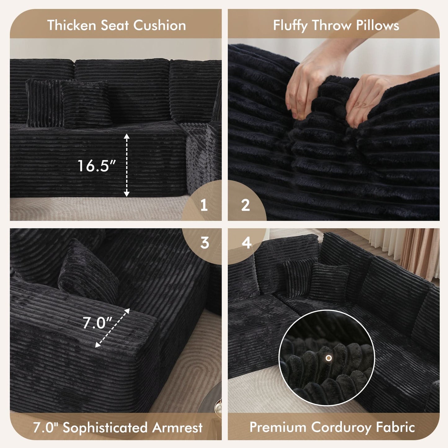 OVIOS Modular Cloud Sofa with Memory Foam, L-Shaped Chaise, Corduroy Upholstery - No Assembly Needed