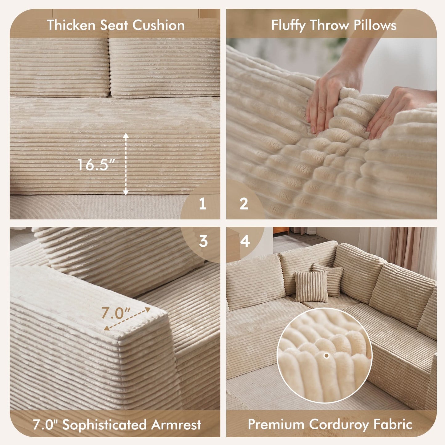 OVIOS L-Shaped Cloud Sectional Sofa with Chaise - Plush Corduroy, Memory Foam & No Assembly