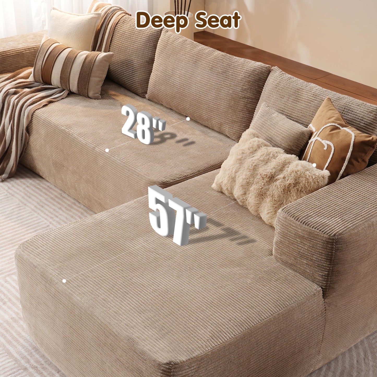 OVIOS 104" L-Shape Modular Couch with Chaise,Corduroy Fabric,No Assembly Required