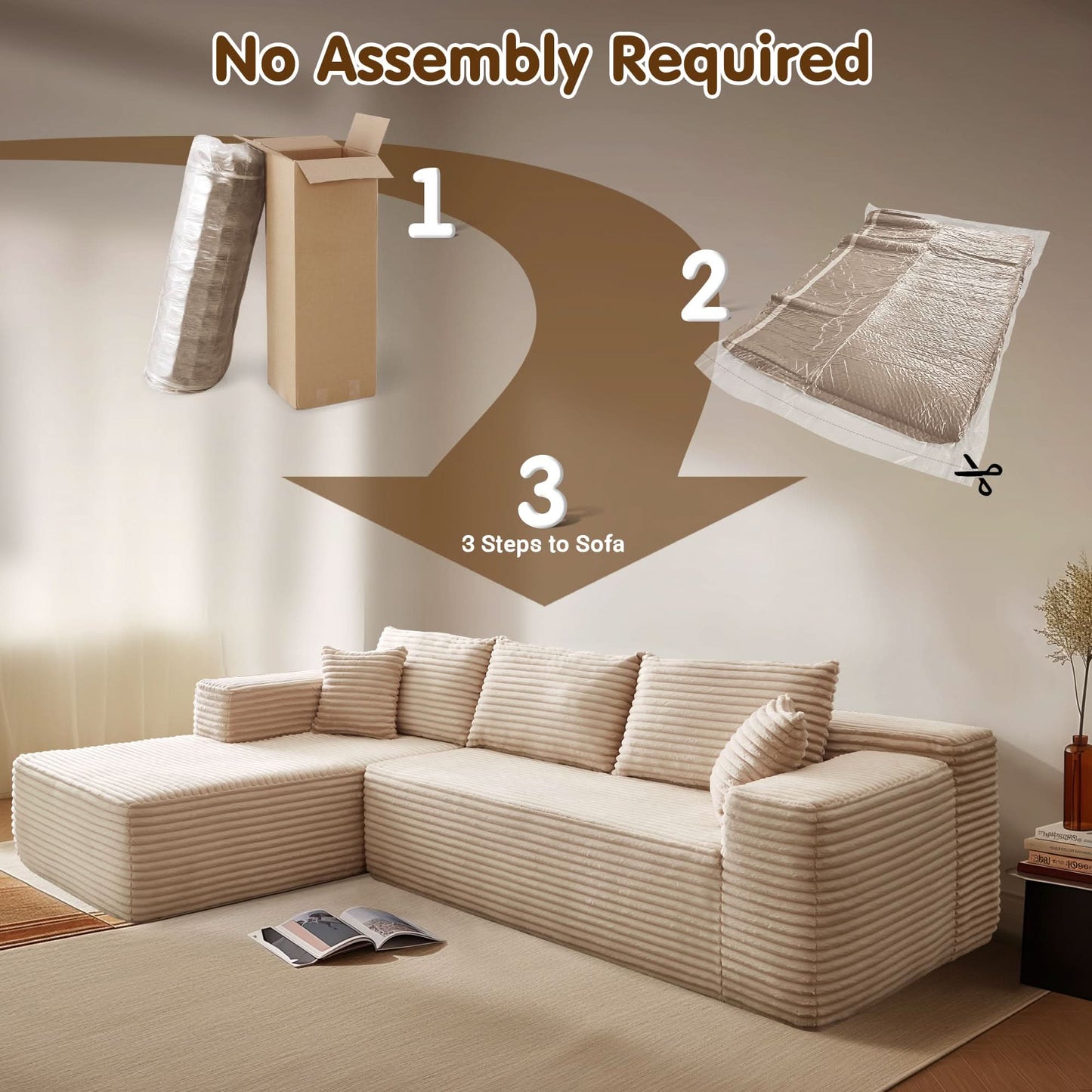 OVIOS 104" L-Shape Modular Couch with Chaise, Plush Corduroy Fabric, No Assembly Required