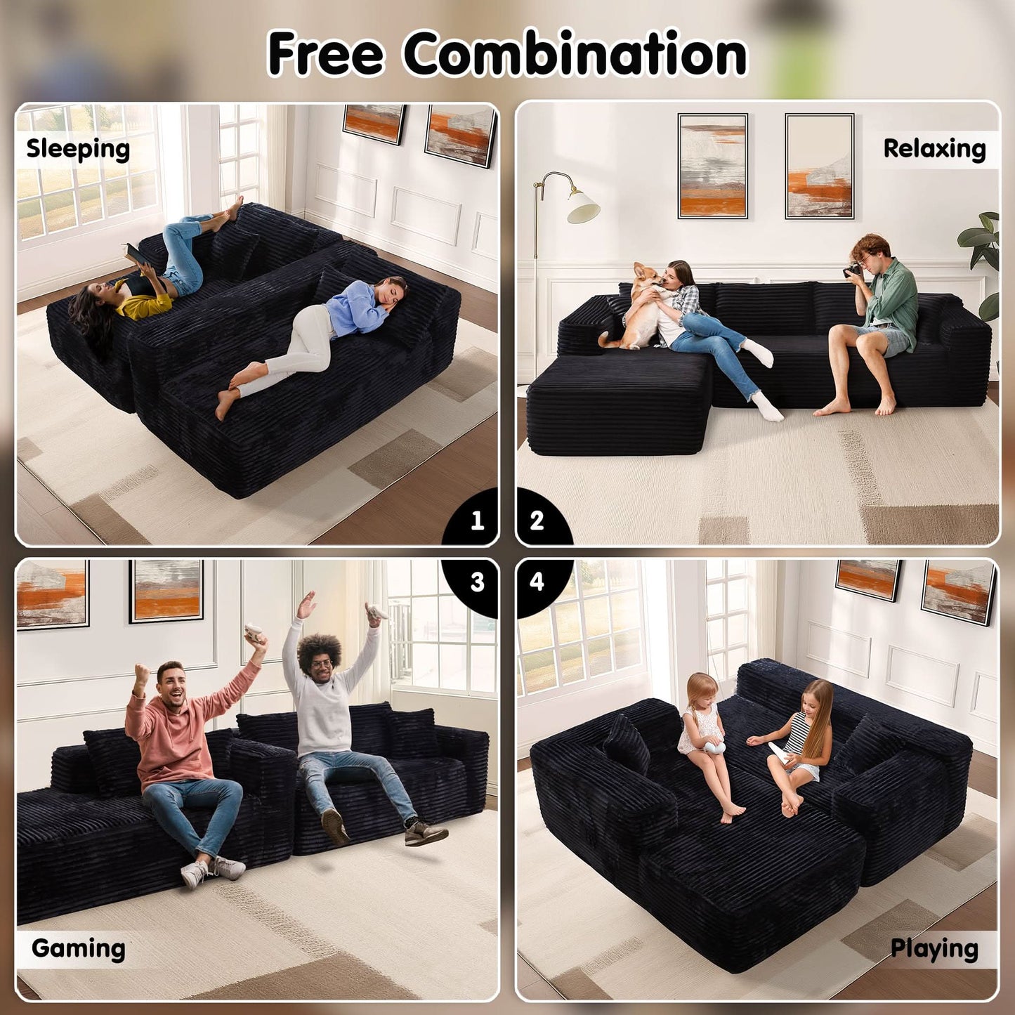 OVIOS 104" L-Shape Modular Couch with Chaise, Plush Corduroy Fabric, No Assembly Required