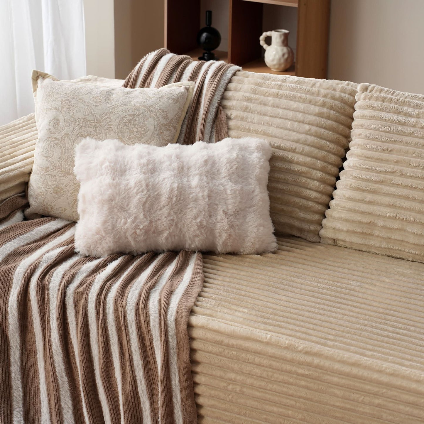 OVIOS 104" L-Shape Modular Couch with Chaise, Plush Corduroy Fabric, No Assembly Required